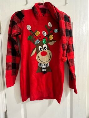 Joe Boxer Red Sequin Reindeer Sweater with Plaid Accents